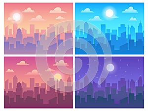 Daytime cityscape. Morning town, afternoon city, evening skyscape and night urban background. Different time of day vector