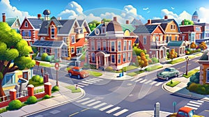 During daytime, isometric view of a city street landscape with retro residential buildings. White sky with clouds and