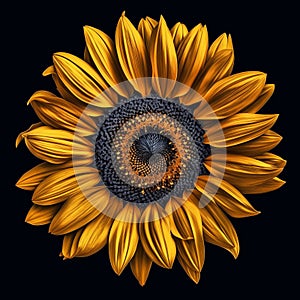 Hyperrealistic Illustration Of A Yellow Sunflower On A Black Background