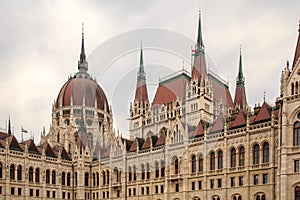 Daytime view of historical building of Hungarian Parliament, aka Orszaghaz, with typical symmetrical architecture and