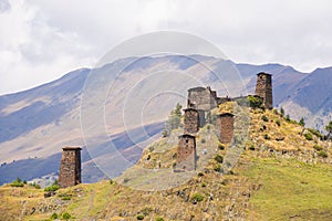 Daytime view of Keselo towers in Omalo village, Tusheti, Georgia