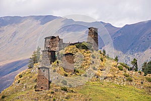 Daytime view of Keselo towers in Omalo village, Tusheti, Georgia