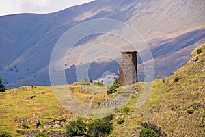 Daytime view of Keselo towers in Omalo village, Tusheti, Georgia