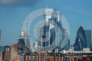 Daytime Skyline of London's Financial District with Iconic Gherkin Building