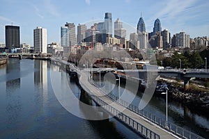 Daytime view over downtown Philadelphia from Schuylkill river side.
