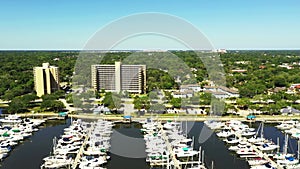 Daytona Beach FL marina scene lateral aerial footage