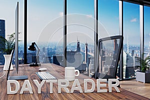 Daytrading; office chair in front of modern workspace with computer and skyline view; banking concept; 3D Illustration