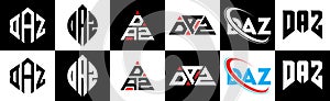 DAZ letter logo design in six style. DAZ polygon, circle, triangle, hexagon, flat and simple style with black and white color