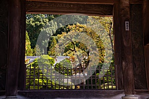 Dazaifu, Kyushu, Japan. Traditional Japanese temple and garden architecture detail