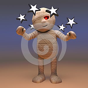 Dazed and confused Egyptian mummy monster is dizzy with stars in his eyes, 3d illustration