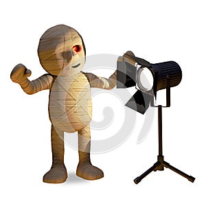 Dazzled Egyptian mummy monster stares into a studio light, 3d illustration