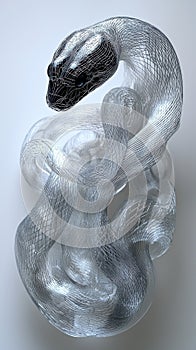 A dazzling, abstract sculpture resembling a serpent, featuring a shiny, silver and black design that twists fluidly. photo