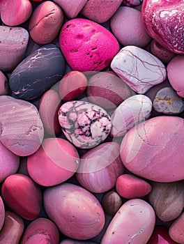 A dazzling assortment of smooth, multihued pink stones in an array of enthralling shapes and patterns, forming a