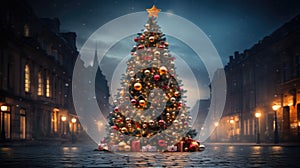 dazzling beauty of a fully decorated Christmas tree with gifts Christmas card Xmas tree Merry Christmas