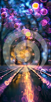 Dazzling bokeh bubbles hover over glistening tracks against a soft sunset backdrop photo