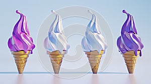 Dazzling Delights: Three Ice Cream Cones With Purple and White Icing