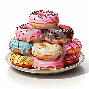 Dazzling Delights - A Whimsical Array of Nine Artfully Crafted Donuts on a Pure White Plate - generative AI