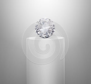 Dazzling diamond on shiny white pedestal podium. concept illuminated pedestal by spotlights on white background