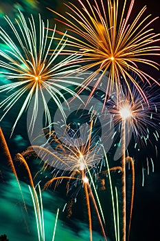 A dazzling display of St. Patrick's Day green and golden color fireworks lighting up the night sky.