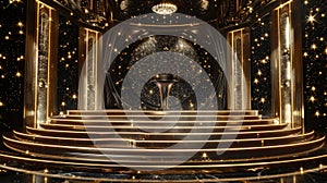 A dazzling podium surrounded by reflective panels creating a glitzy starstudded atmosphere in the spirit of a Hollywood