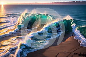 A Dazzling Spectacle of Towering Surf Waves, Intertwined with the Vibrant Colors of Sunset. AI generated