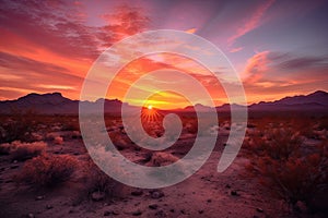 dazzling sunrise over a desert landscape, with shades of pink and orange spreading across the sky