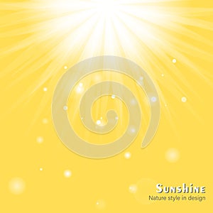 Dazzling sunshine sun rays with bokeh on yellow background. Beautiful sunny banner with sunburst sunbeams. Abstract