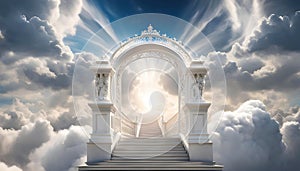 the dazzling white gates of heaven (paradise), to which a staircase rises into the sky,