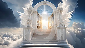 the dazzling white gates of heaven (paradise), to which a staircase rises into the sky,