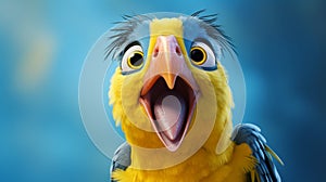 A funny bird with a bright yellow beak caught in a comical pose photo