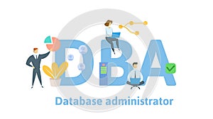 DBA, Database Administrator. Concept with people, letters and icons. Flat vector illustration. Isolated on white