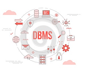 Dbms database management system concept with icon set template banner with modern orange color style and circle round shape