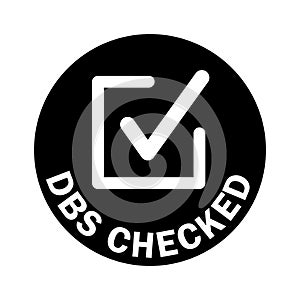 DBS Checked icon. Round stamp with check mark inside. Disclosure and Barring Service