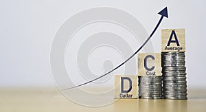 DCA or Dollar Cost Average on increasing coins stacking with up arrow for discipline and always continue investment in stock and