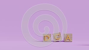 DCA word on a wooden cube on coins in idea Dollar Cost Averaging investment strategy, Saving stock or savings 3D rendering