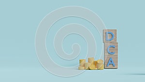 DCA word on a wooden cube on coins in idea Dollar Cost Averaging investment strategy, Saving stock or savings 3D rendering