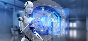 DCS Distributed control system technology. 3d render robot pressing virtual button