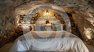 Dd with luxurious linens and nestled within a natural stone alcove your bed beckons you to indulge in a restful nights photo