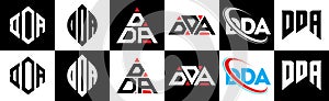 DDA letter logo design in six style. DDA polygon, circle, triangle, hexagon, flat and simple style with black and white color photo