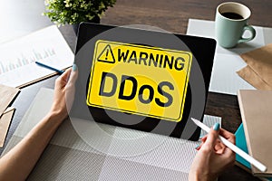 DDoS attack detection message. Virus and Hacking. Cyber security and internet concept.