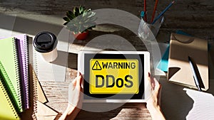 DDoS attack detection message. Virus and Hacking. Cyber security and internet concept