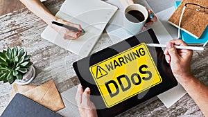 DDoS attack detection message. Virus and Hacking. Cyber security and internet concept