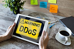 DDoS attack detection message. Virus and Hacking. Cyber security and internet concept.