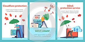 Ddos Protection, Cyber Security And Safety Data Cartoon Banners. People with Shield and Umbrella Protect Blockchain Net