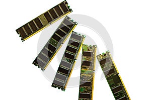 DDR SDRAM memory modules isolated on black. DDR chip combined on a module chipset for desktop PCs. Cut out image