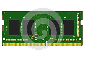 DDR4 SO-DIMM memory PCB with soldered components on white background