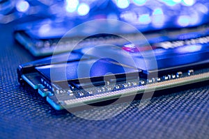 DDR4 DRAM computer memory hardware chipset in blue