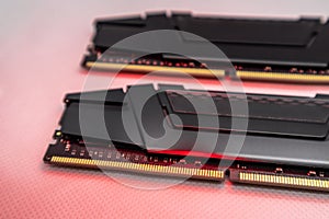 DDR4 DRAM memory modules close-up in red light