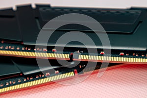 DDR4 DRAM memory modules close-up in red light