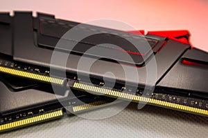 DDR4 DRAM memory modules close-up in red light